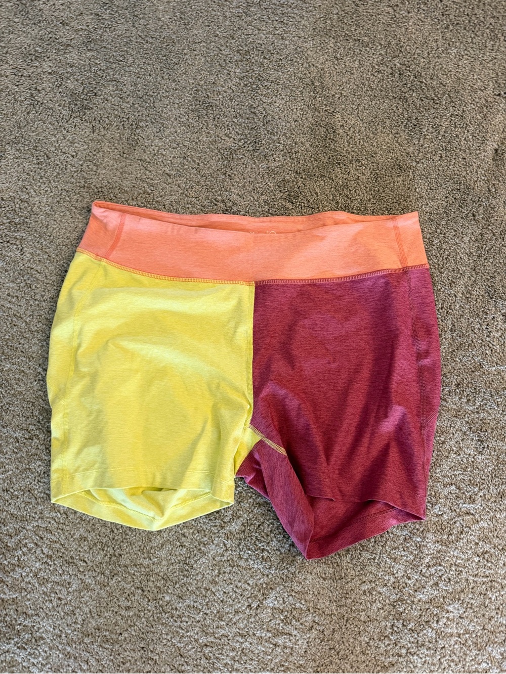 Outdoor Voices Colorblock High-Waist Bike Shorts - Yellow, Coral & Burgundy